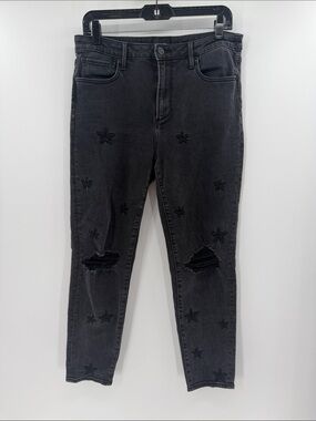 Driftwood Women's Gizelle Distressed Skinny Fit Star Embroidered Jeans Black 29